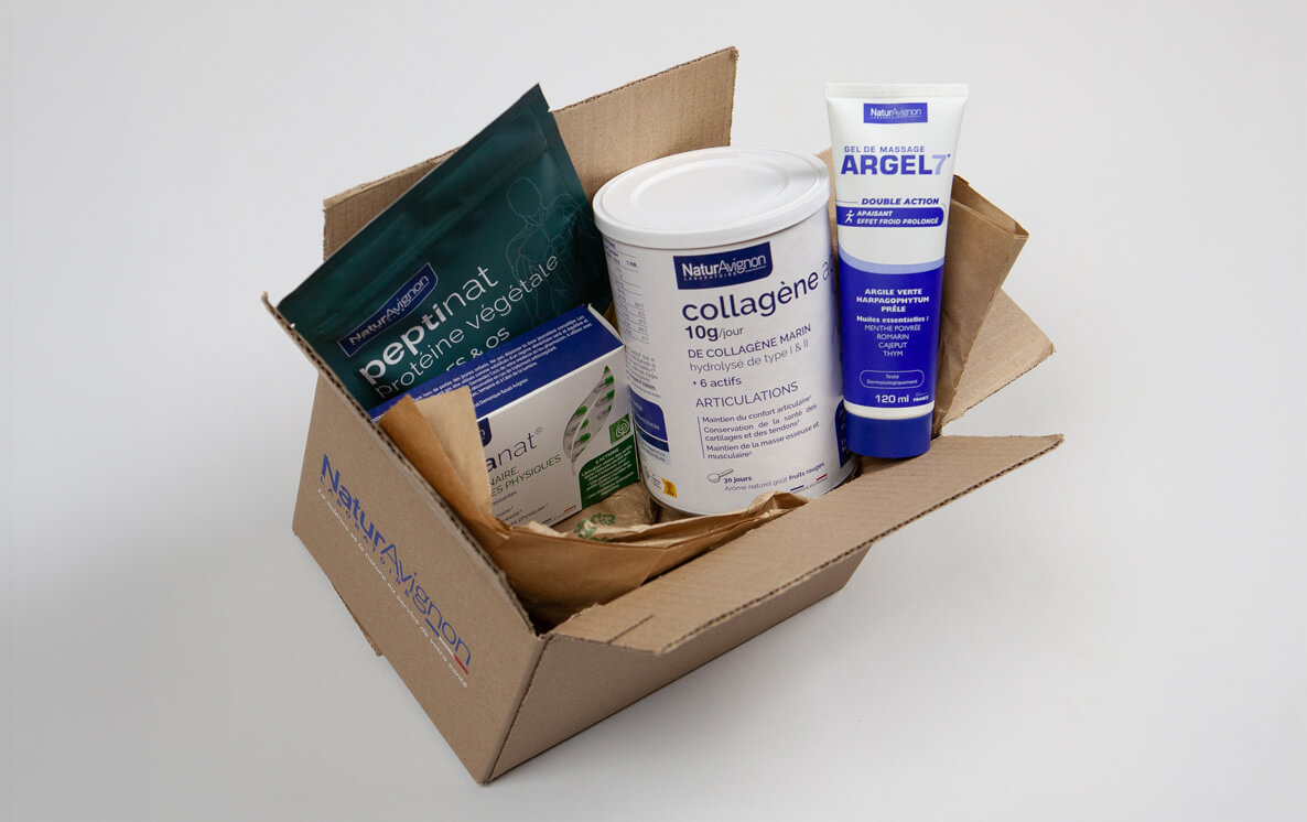 Boîte Naturavignon ouverte contenant produits collagène, Peptinat et gel Argel 7